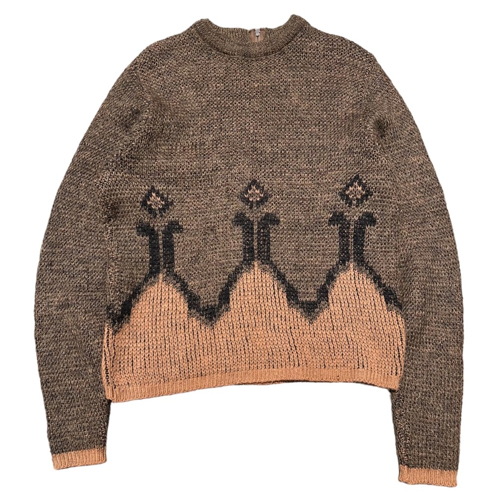 Vintage 60s Talbott Geometric Wool Blend Brown & Tan Zip Back Knit Sweater Small